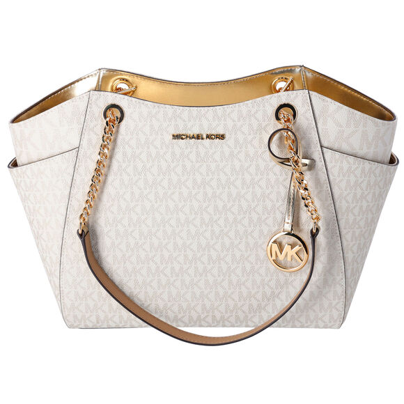 Michael Kors Jet Set Travel Large Chain Shoulder Tote Pale Gold MK Signature - Picture 1 of 5